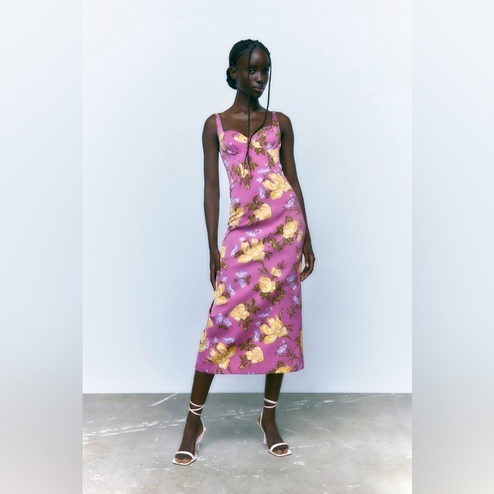 Zara Purple and Yellow Floral Midi Dress size xs